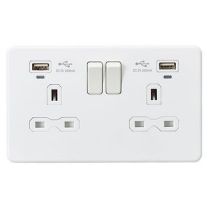 Picture of 13A 2G Switched Socket, Dual USB (2.4A) with LED Charge Indicators - Matt White