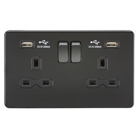 Picture of 13A 2G switched socket with dual USB charger A + A (2.4A) - Matt black