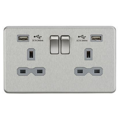 Picture of 13A 2G switched socket with dual USB charger A + A (2.4A) - Brushed chrome with grey insert