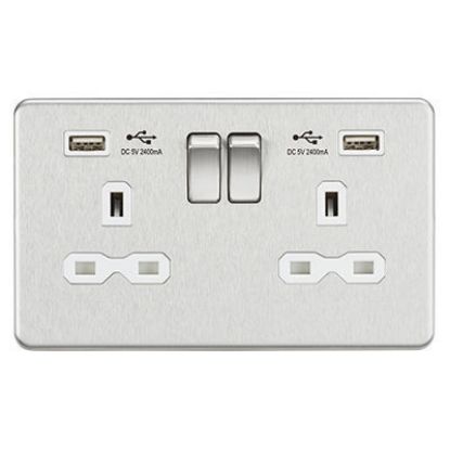 Picture of 13A 2G switched socket with dual USB charger A + A (2.4A) - Brushed chrome with white insert