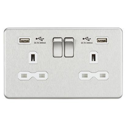 Picture of 13A 2G switched socket with dual USB charger A + A (2.4A) - Brushed chrome with white insert