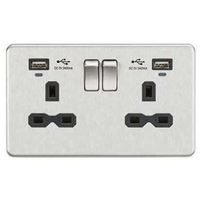 Picture of 13A 2G Switched Socket, Dual USB (2.4A) with LED Charge Indicators - Brushed Chrome w/black insert