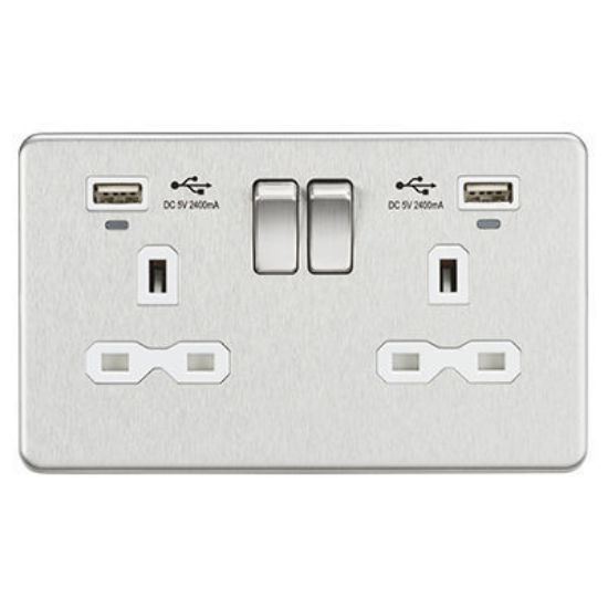 Picture of 13A 2G Switched Socket, Dual USB (2.4A) with LED Charge Indicators - Brushed Chrome w/white insert