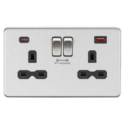 Picture of 13A 2G DP Switched Socket with Dual USB FASTCHARGE ports (A + C) - Brushed Chrome with black insert