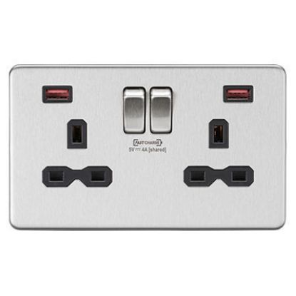 Picture of 13A 2G DP Switched Socket with Dual USB FASTCHARGE ports (A + A) - Brushed Chrome with black insert