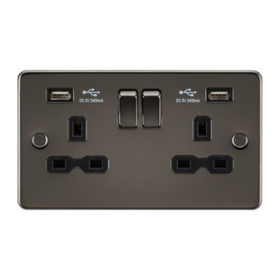 Picture of 13A 2G Switched Socket with Dual USB Charger A + A (2.4A) - Gunmetal with Black Insert