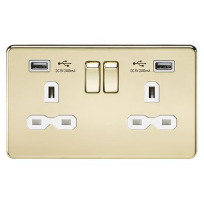 Picture of 13A 2G Switched Socket with Dual USB Charger A + A (2.4A) - Polished Brass with White Insert