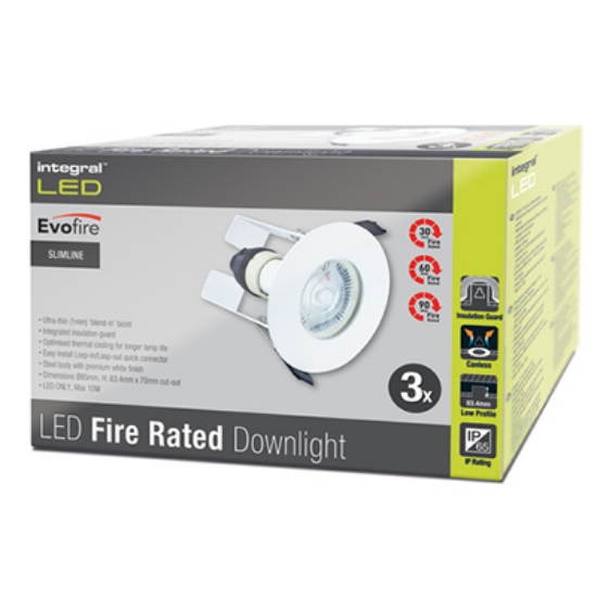 Picture of Evofire Fire Rated Downlight 70mm Cutout IP65 White Round + GU10 Holder & Insulation Guard - Pack of 3