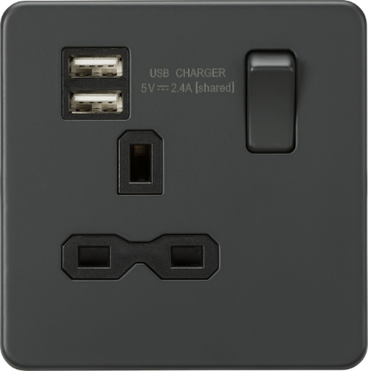 Picture of Screwless 13A 1G switched socket with dual USB charger (2.4A) - Anthracite